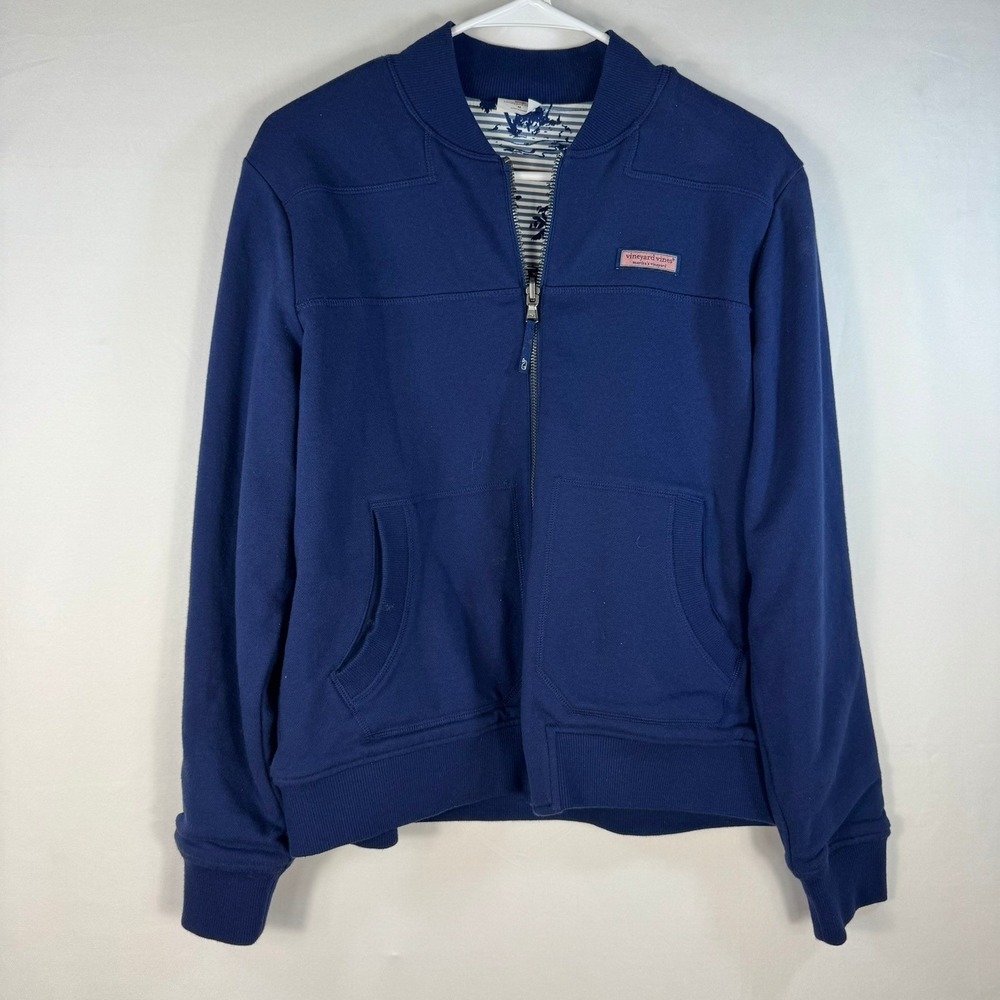 Vineyard Vines Mens Navy Blue Full Zip Bomber Jacket Striped Lining Size Medium
